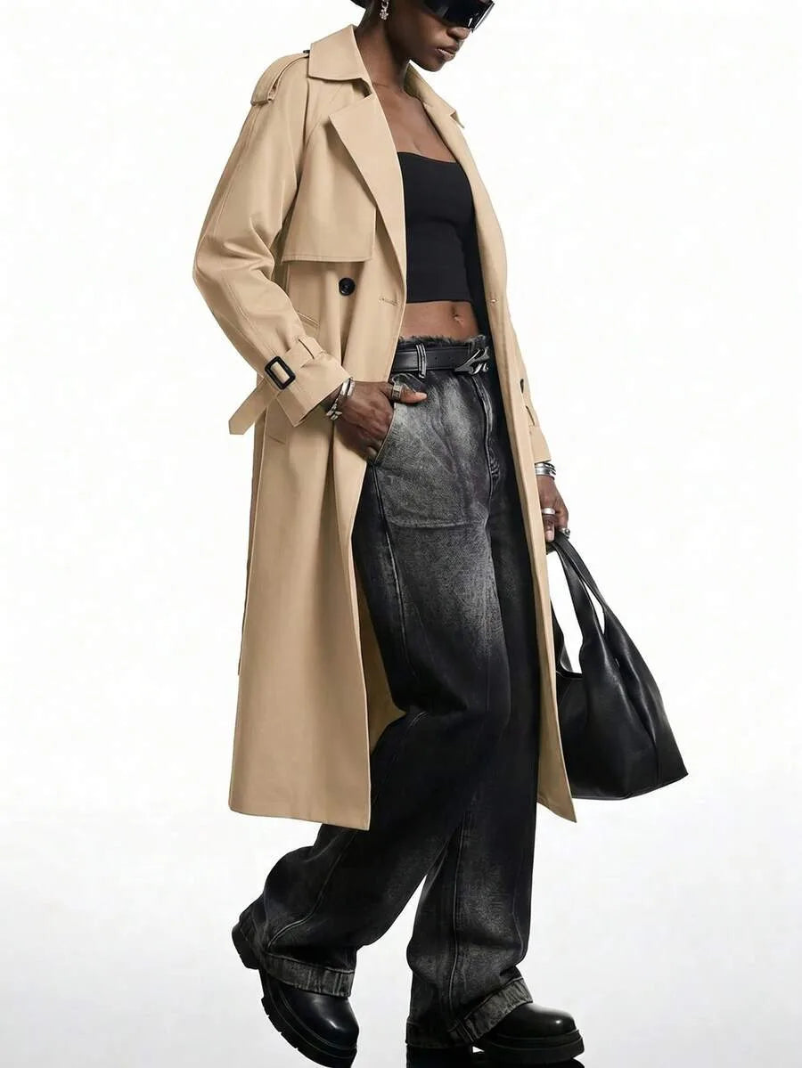 Long Trench Coat for Women with Belt