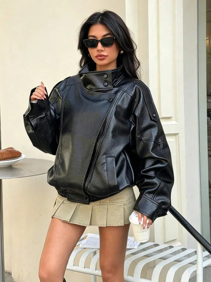 Leather Jacket for Women with Asymmetrical Closure