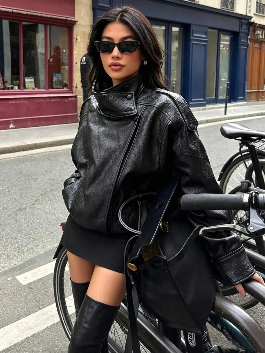 Leather Jacket for Women with Asymmetrical Closure