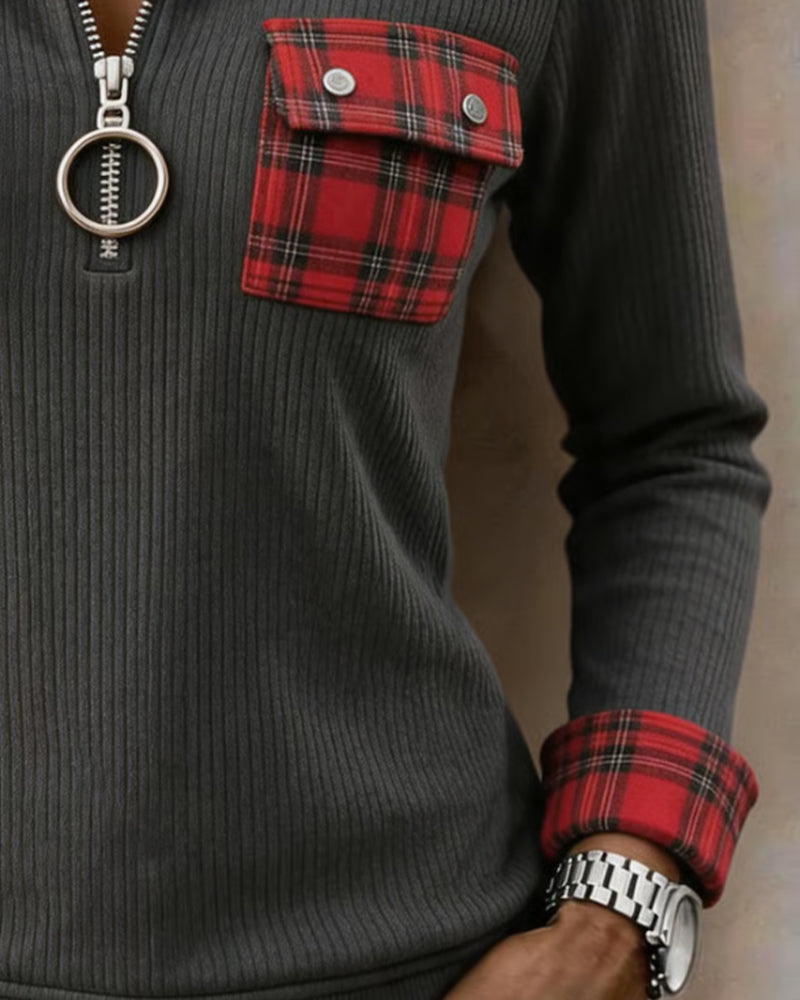 Plaid Patchwork Quarter-Zip Sweatshirt