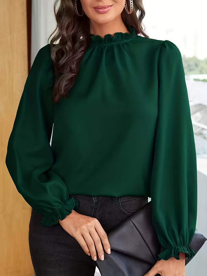 Women's Ruffled Collar Blouse with Puff Sleeves and Loose Fit Cuffs