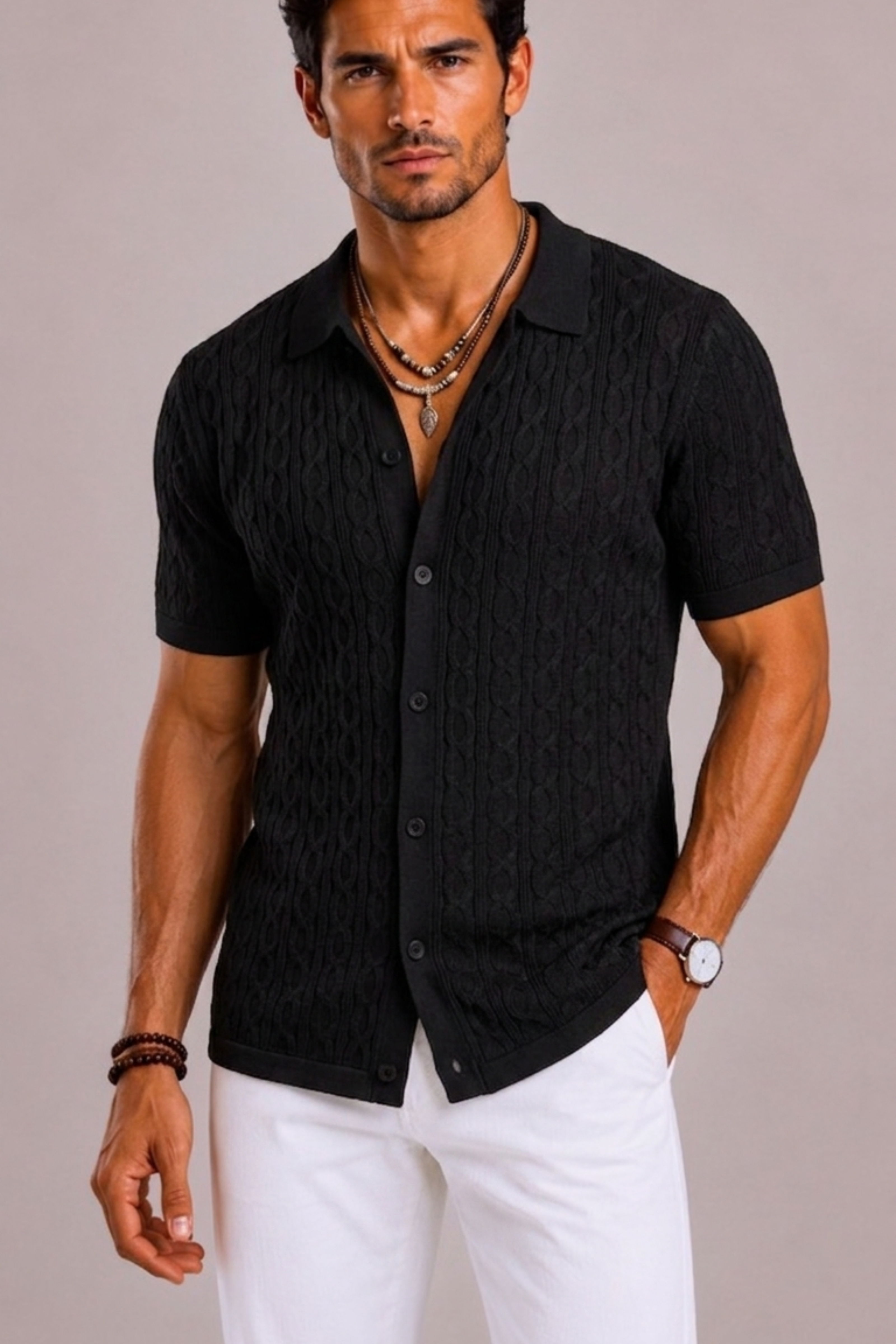 Men's Slim Fit Shirt with Textured Detail and Short Sleeves