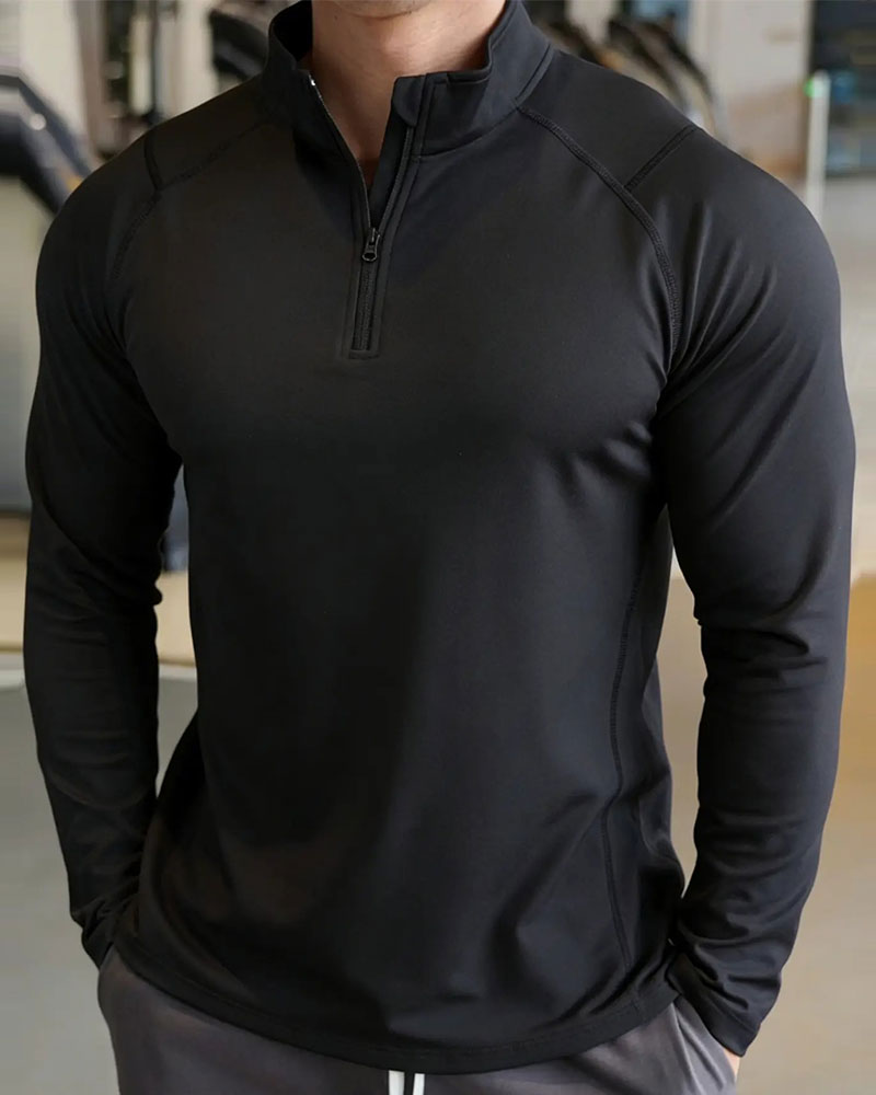 Zippered Stand Collar Raglan Sleeve Top