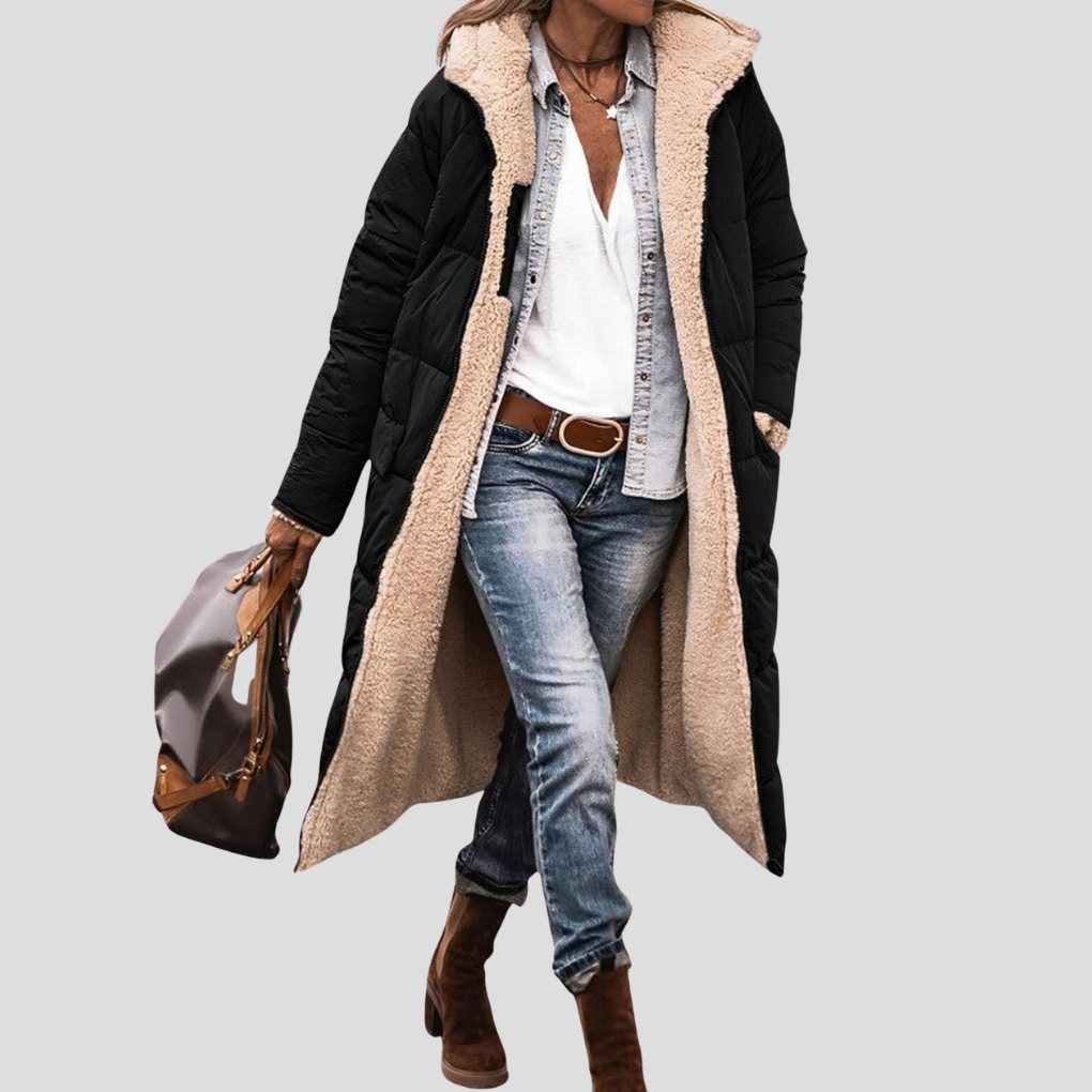 Reversible Women's Long Winter Coat with Hood and Cozy Teddy Lining