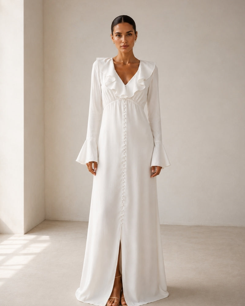 Pearl Button Ruffle Midi Dress