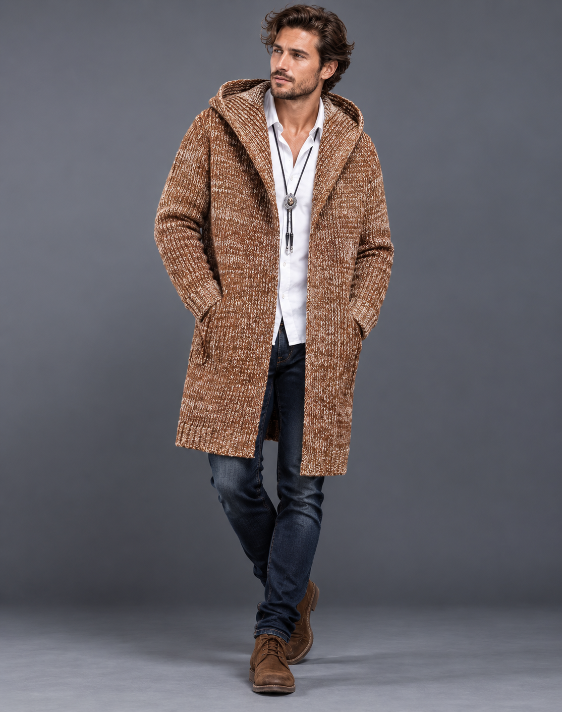 Men's Wool Knitted Gilet with Hood and Ribbed Cuffs
