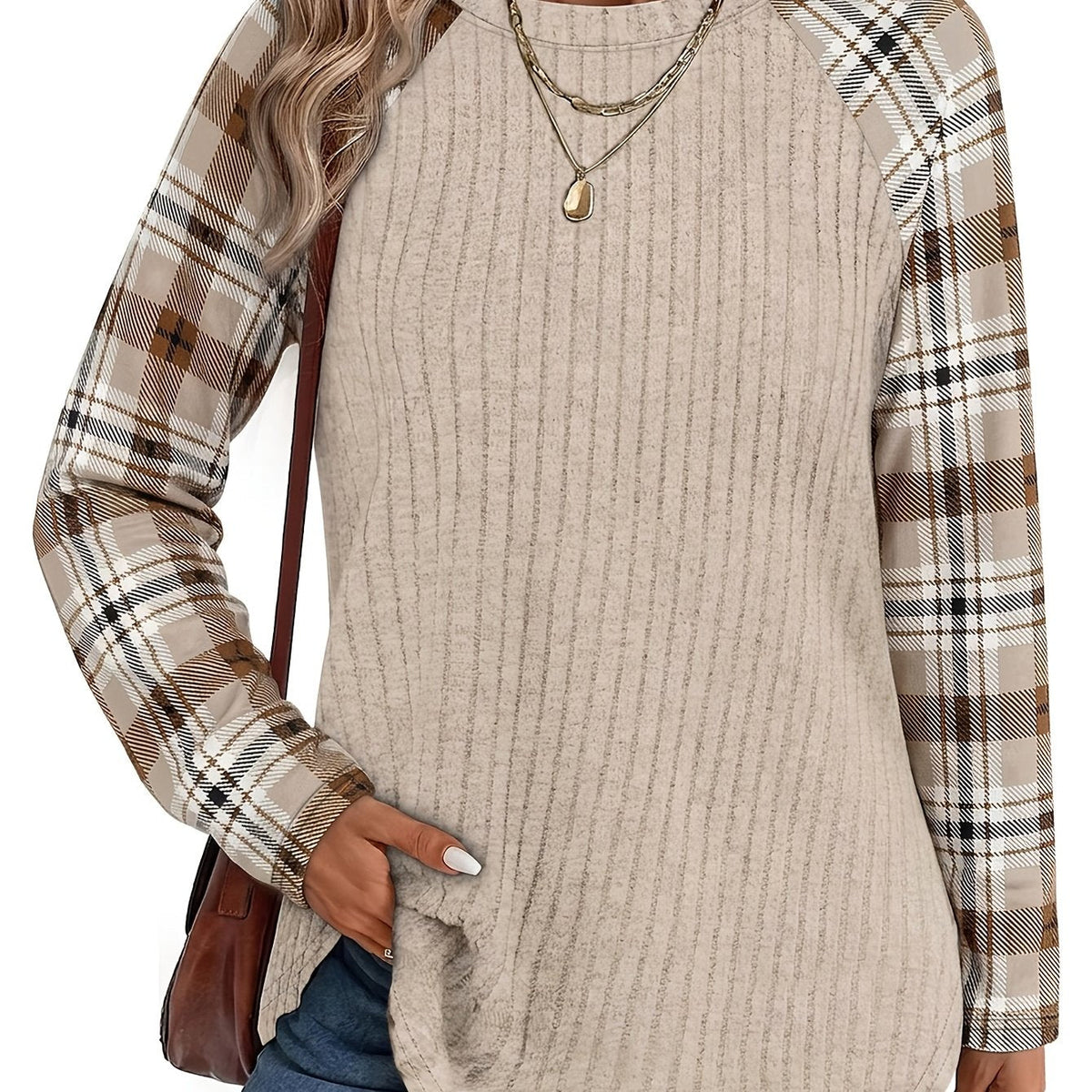 Audrey | Ribbed Top with Checkered Sleeves