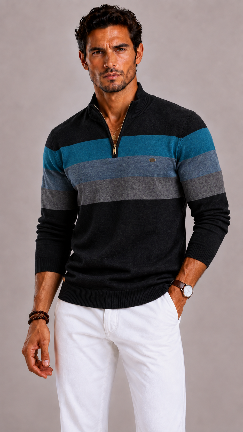 Men's Striped Jumper with Round Neck and Regular Fit