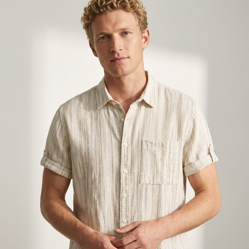 Shirt with Roll-Up Sleeves and Chest Pocket for Men