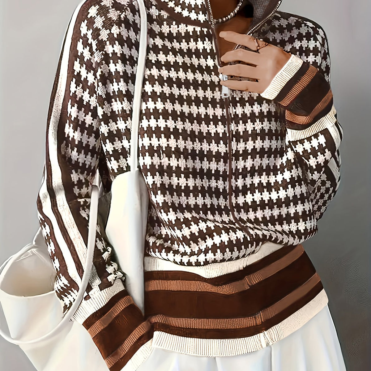 Lenora | Zip-Up Cardigan with Stand Collar and Pattern Design