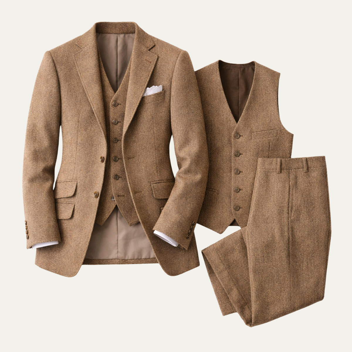 The Grignano Men’s Brown Herringbone Tweed 3 Piece Suit – Jacket, Waistcoat & Trousers