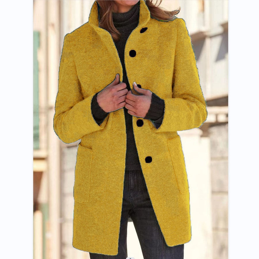 Maja Women's Slim Fit Coat with Stand Collar, Buttons, and Pockets