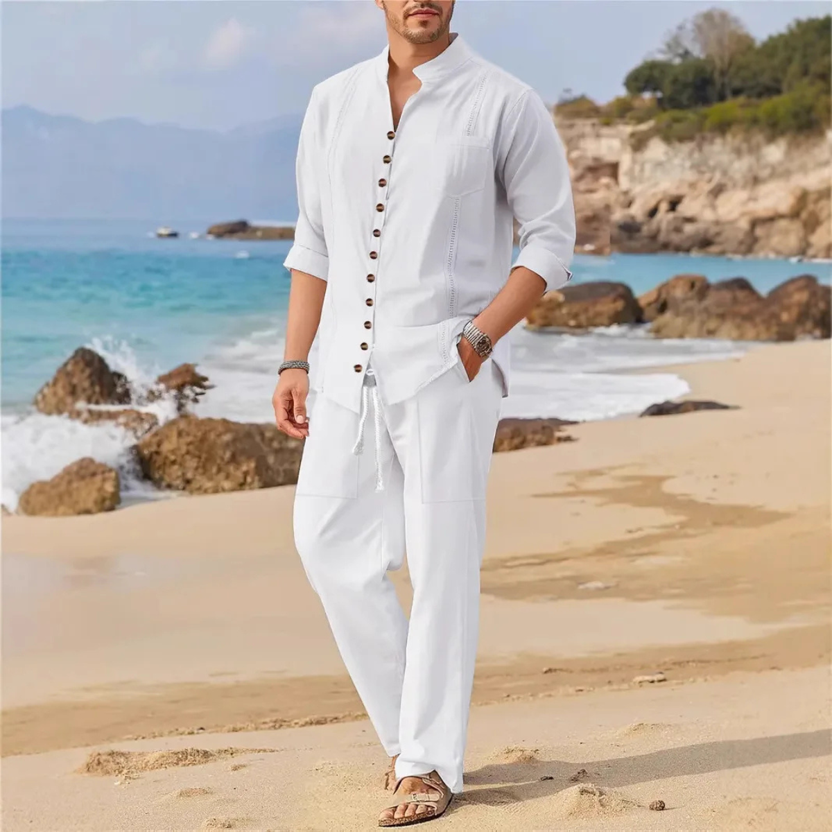 The Woodmere Men’s Retro Cotton & Linen Set – Shirt & Trousers