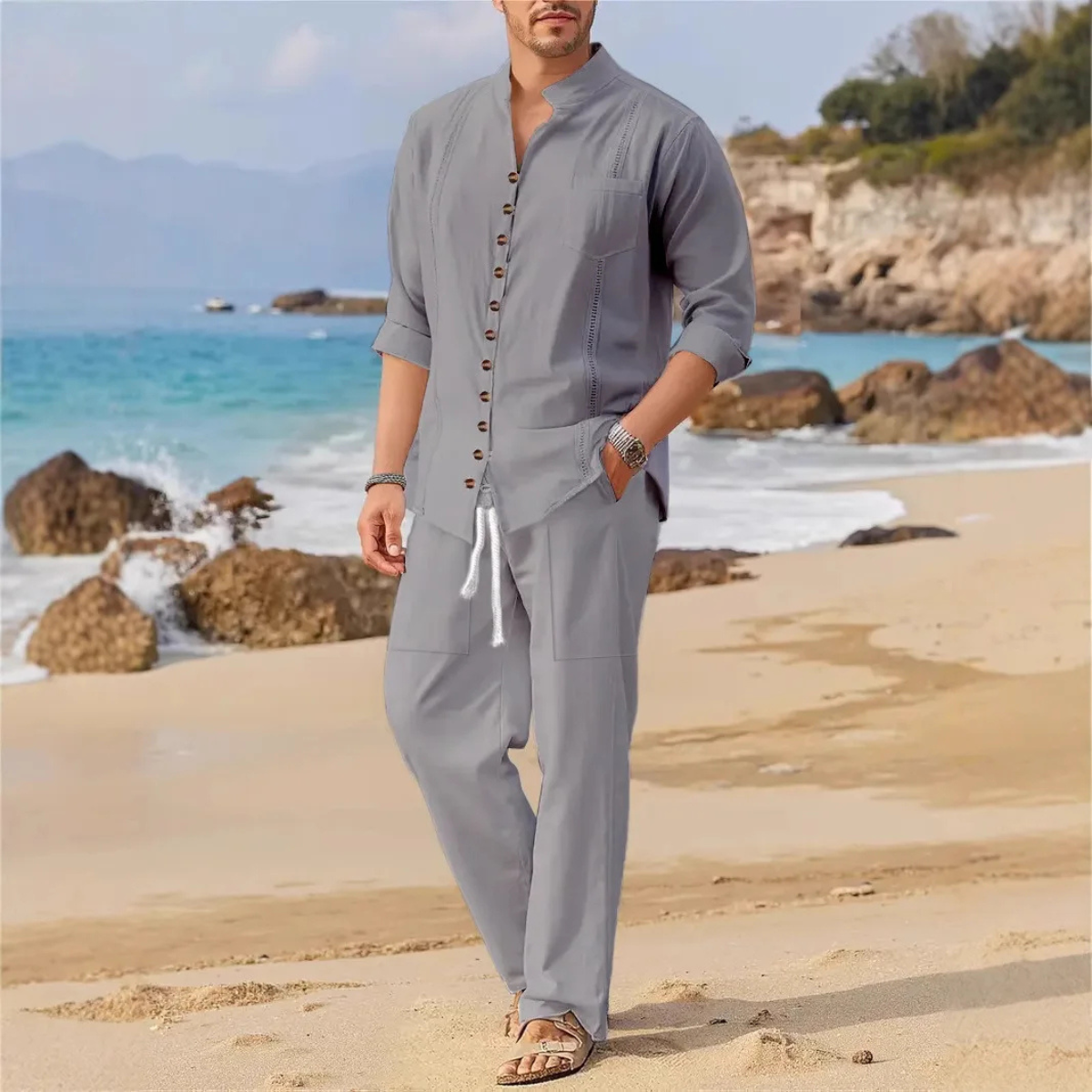 The Woodmere Men’s Retro Cotton & Linen Set – Shirt & Trousers