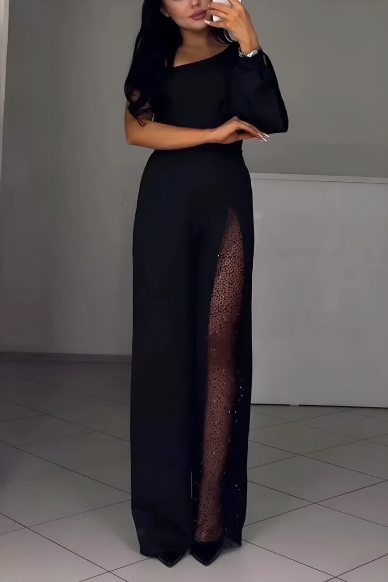 Ladies' Asymmetric Jumpsuit with Glitter Mesh