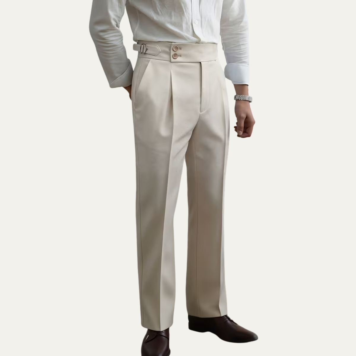 The Claremont Men’s High Waisted Linen Dress Trousers with Adjustable Side Buckle Waist