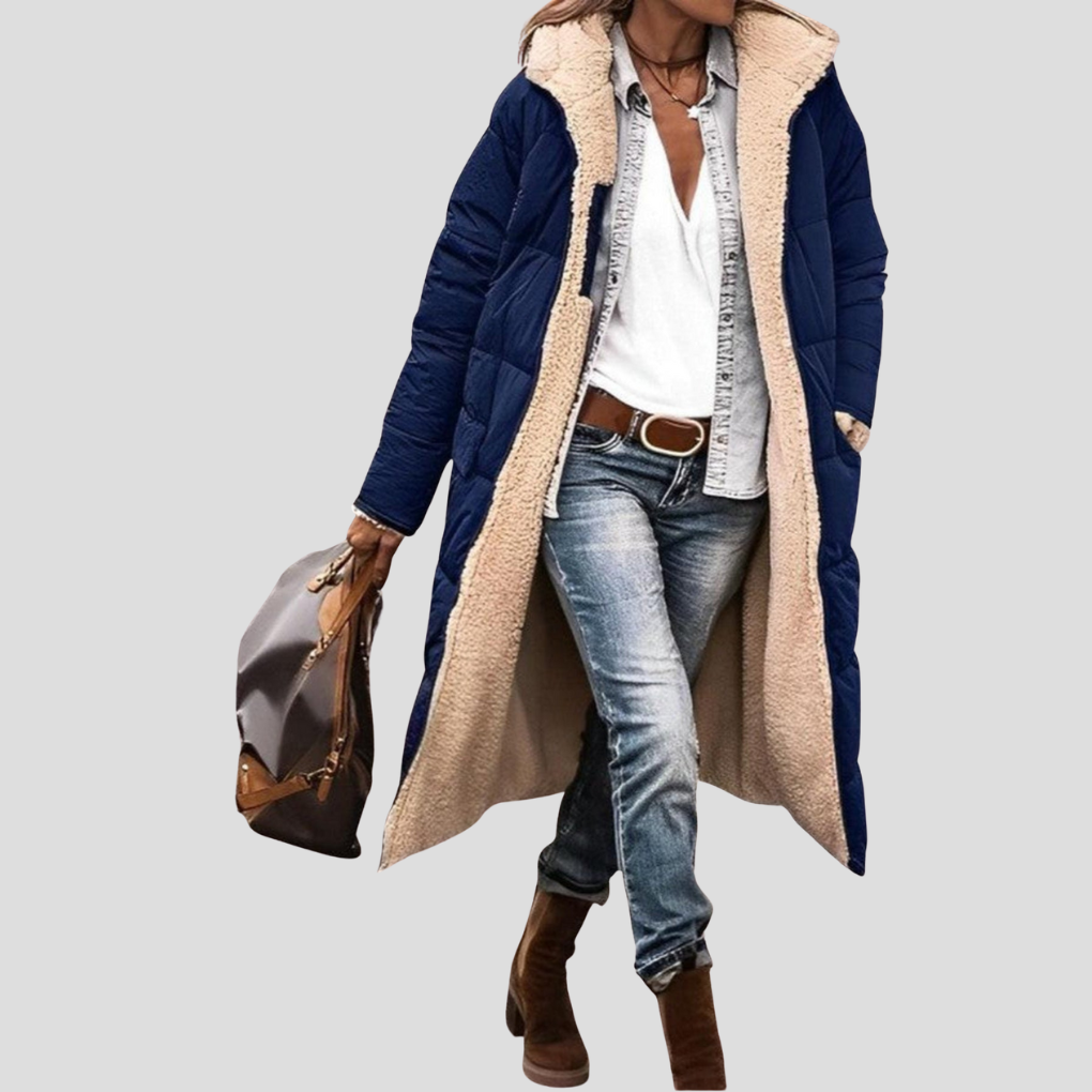 Reversible Women's Long Winter Coat with Hood and Cozy Teddy Lining
