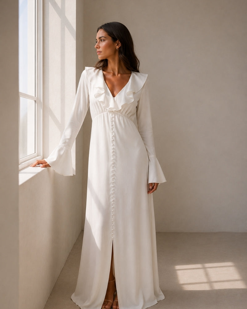 Pearl Button Ruffle Midi Dress