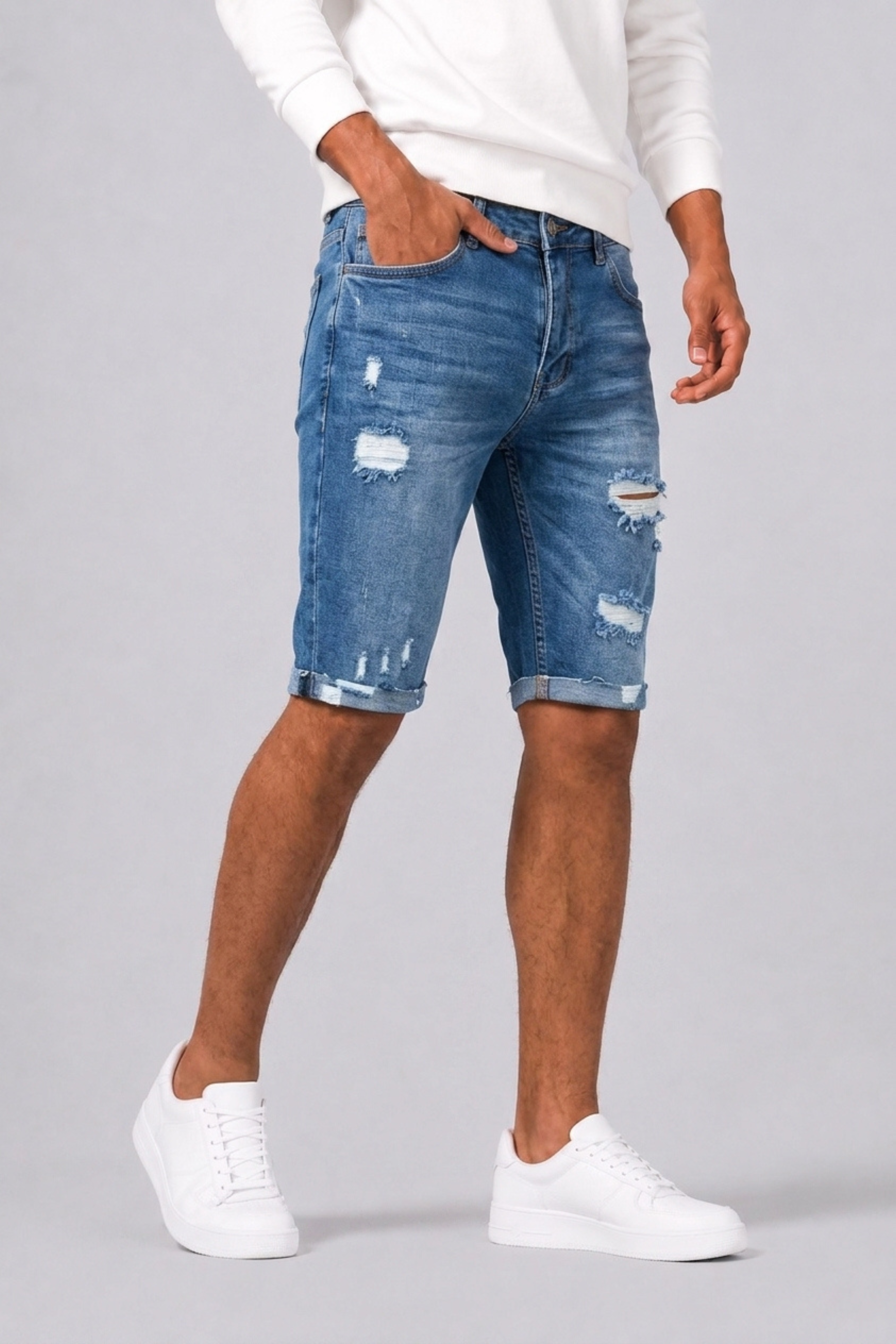 Men's Denim Shorts with Ripped Accents