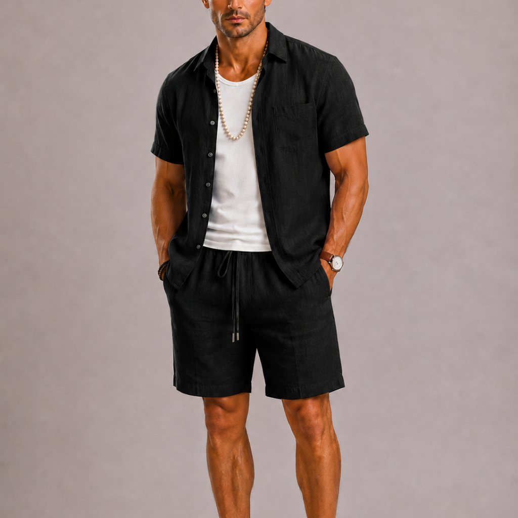 Men's Summer Set with Short Sleeves and Drawstring Shorts