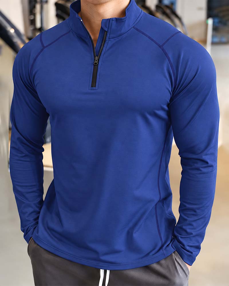 Zippered Stand Collar Raglan Sleeve Top