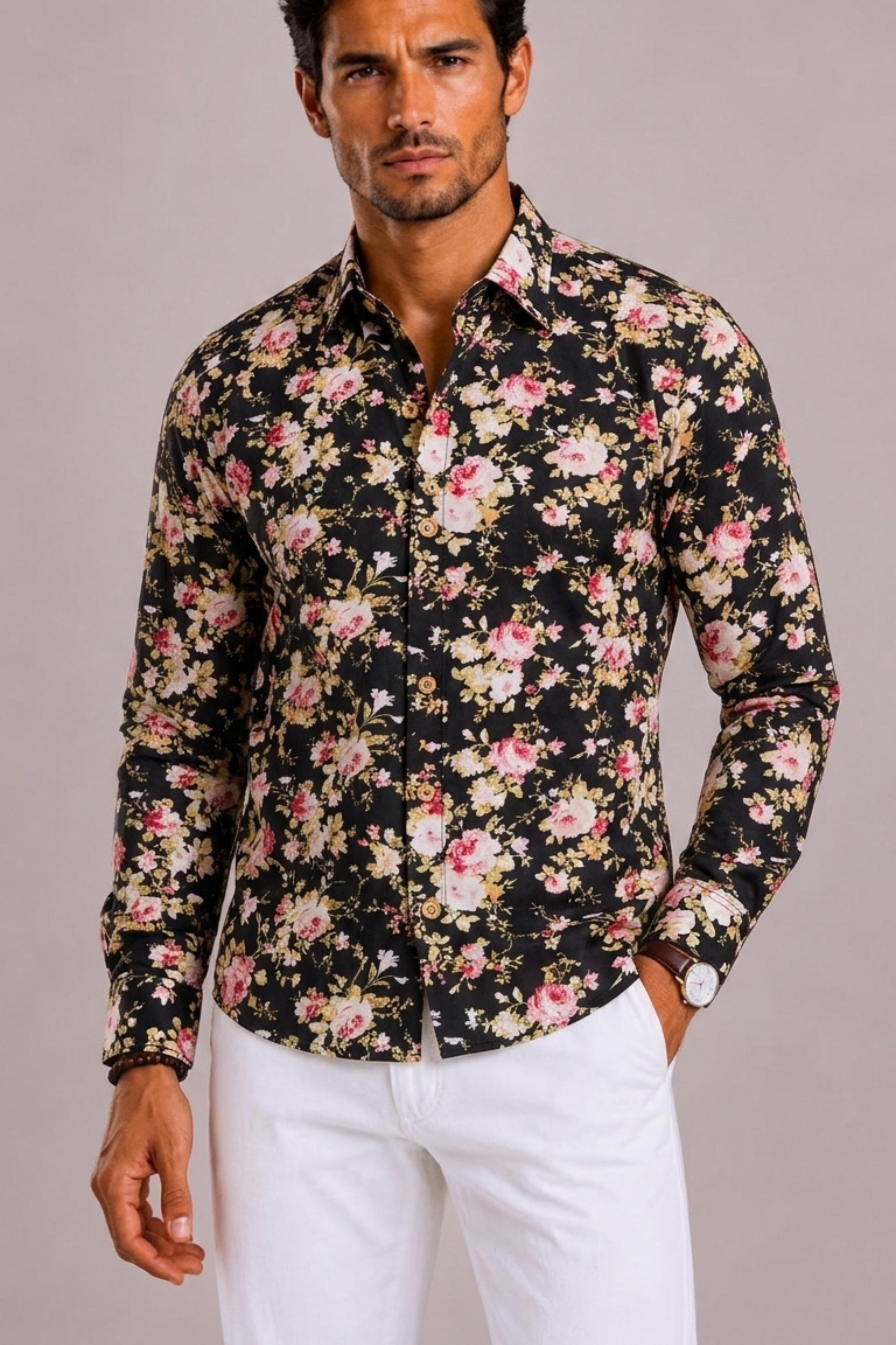 Men’s Shirt with Floral Pattern and Long Sleeves