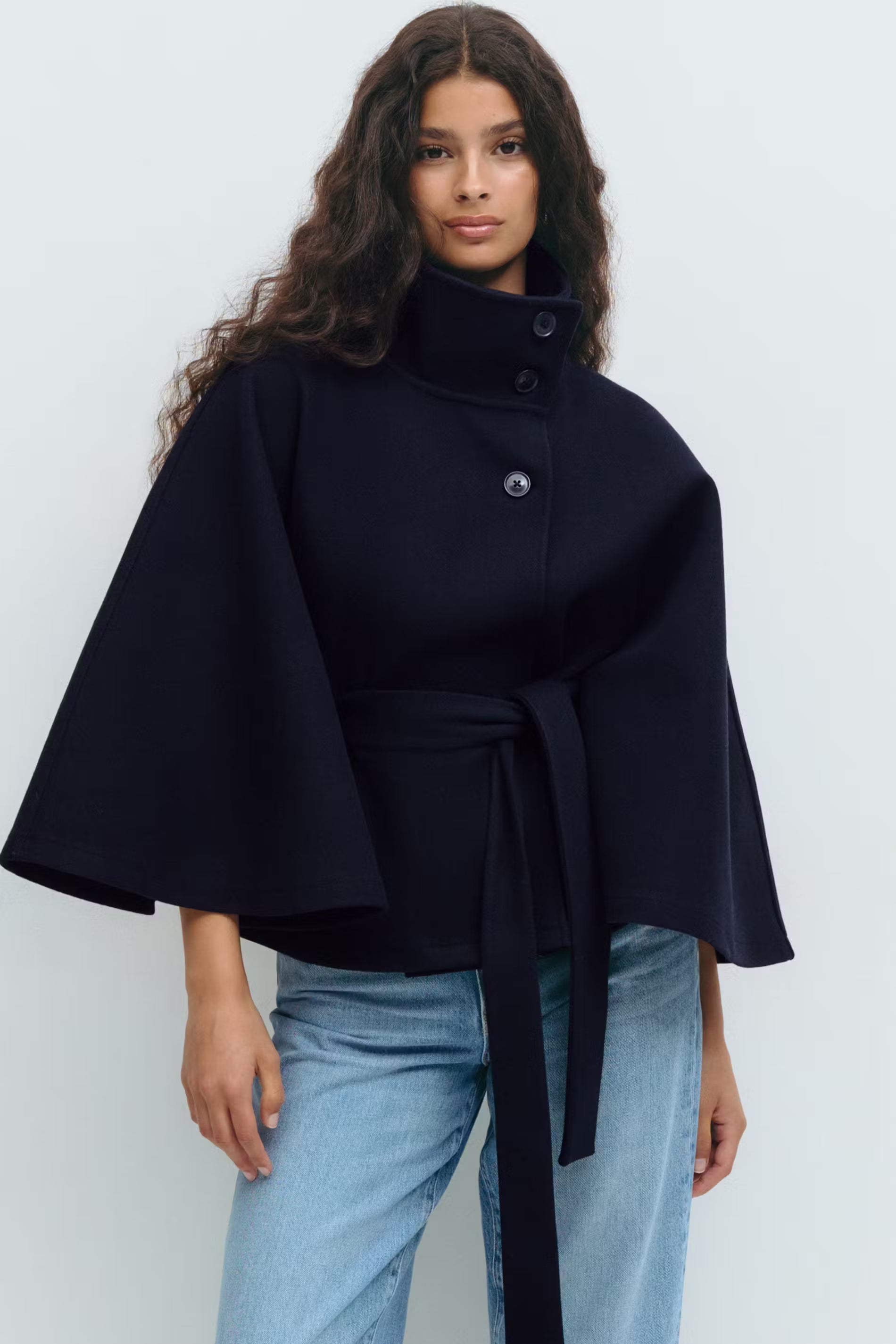 Cape Jas Dames Regular Fit Hoge Kraag Strik Ceintuur Winter