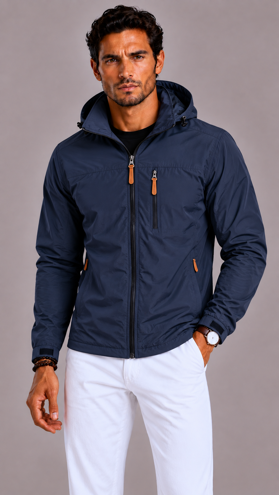 Men's Waterproof Jacket with Hood and Zip Pockets
