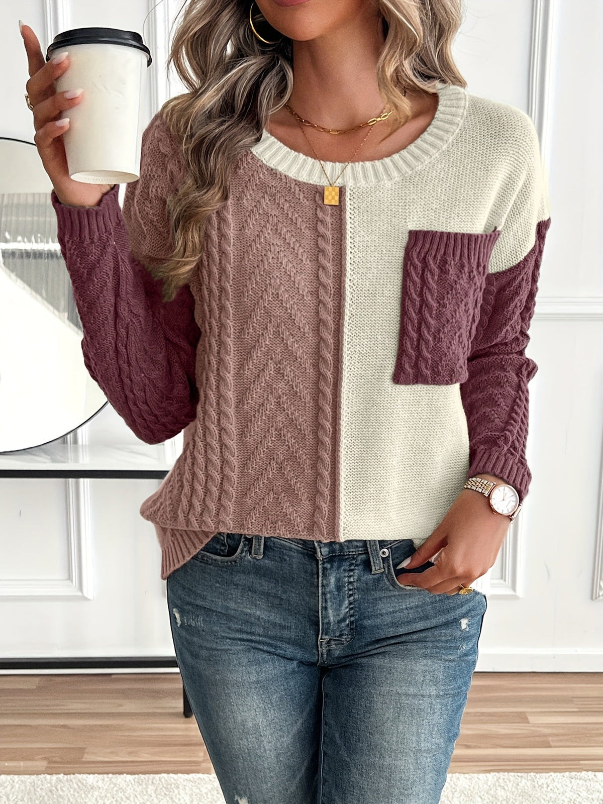 Delia | Bi-Color Cable Knit Sweater
