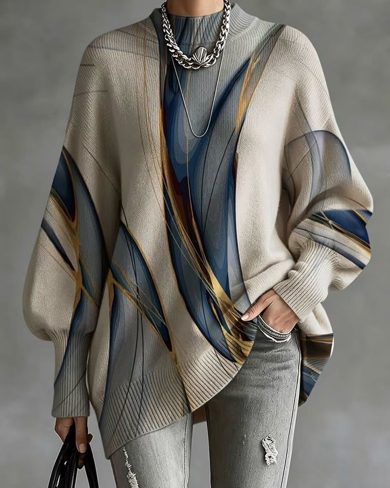 Loose Pullover with High Collar and Lantern Sleeves