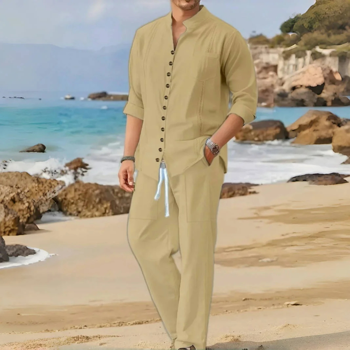 The Woodmere Men’s Retro Cotton & Linen Set – Shirt & Trousers