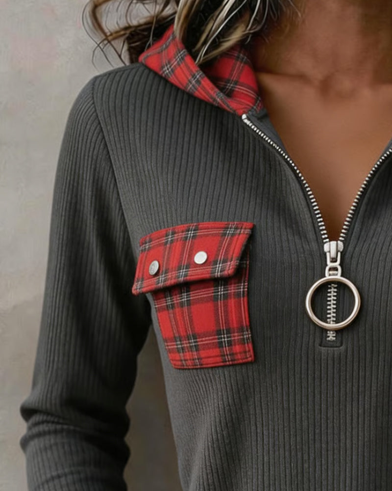 Plaid Patchwork Quarter-Zip Sweatshirt
