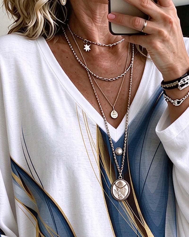 Loose-Fit V-Neck Top with Abstract Art Print