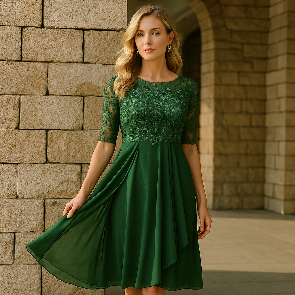 Elegant Dress with Three-Quarter Sleeves for Evening Parties