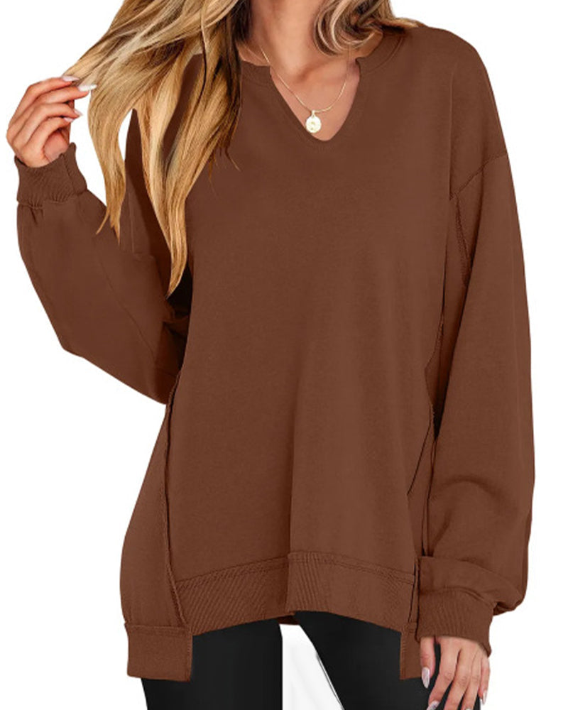 Relaxed Fit V-Neck Solid Color Sweatshirt