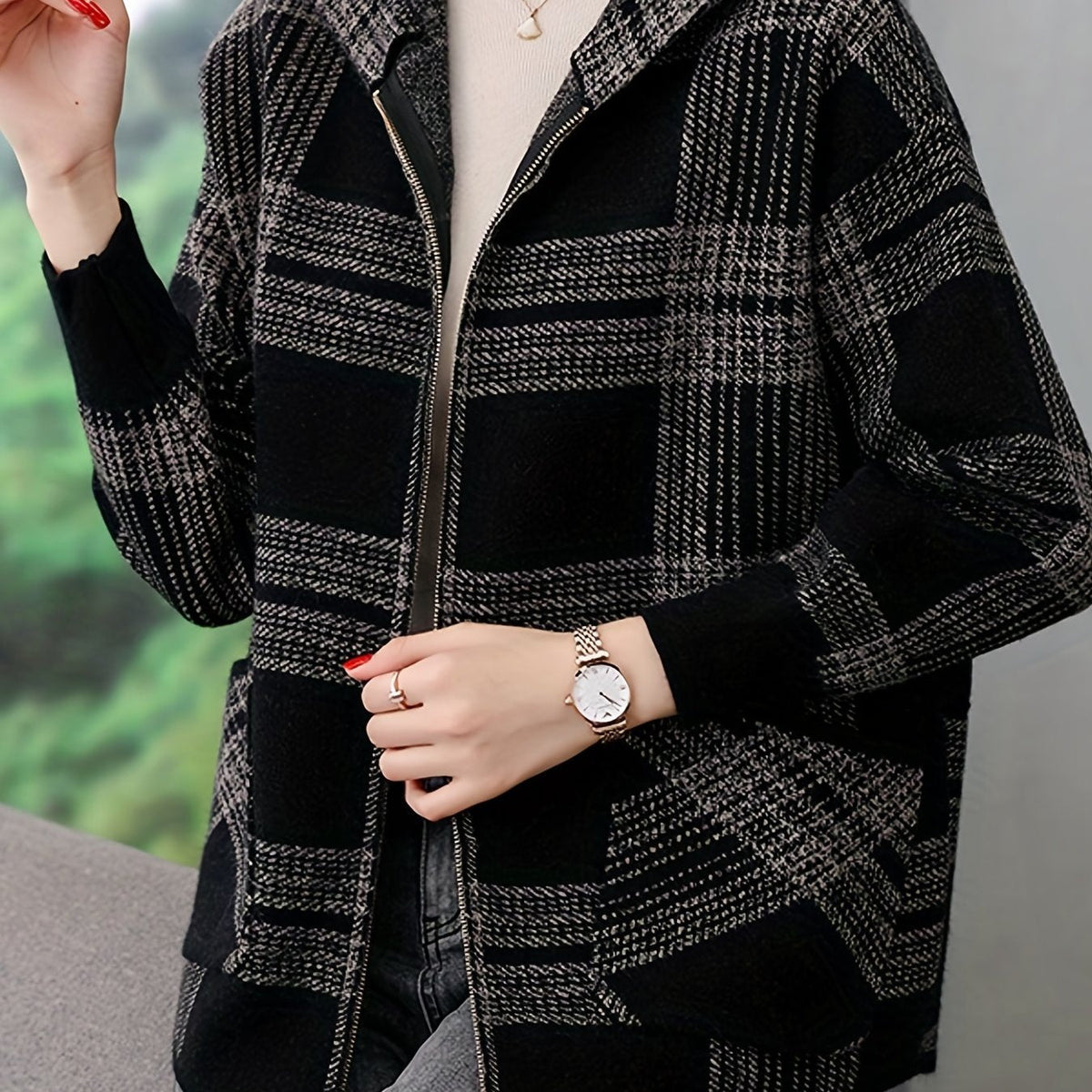 Delaney | Plaid Hooded Zip Jacket