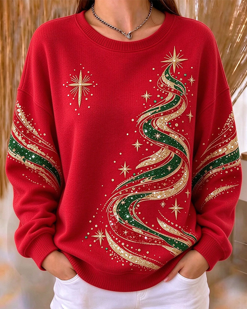 Loose-Fit Long Sleeve Sweatshirt with Christmas Tree Print