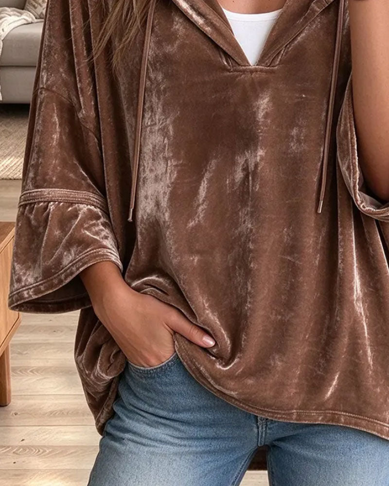 Velvet Hooded Top with V-Neck and Bell Sleeves