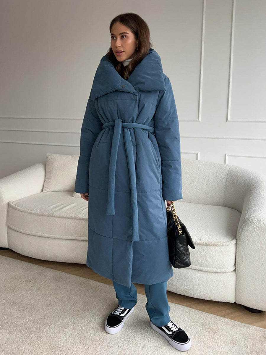Anna | Women's Long Padded Jacket with Oversized Collar, Belted Waist, and Pockets