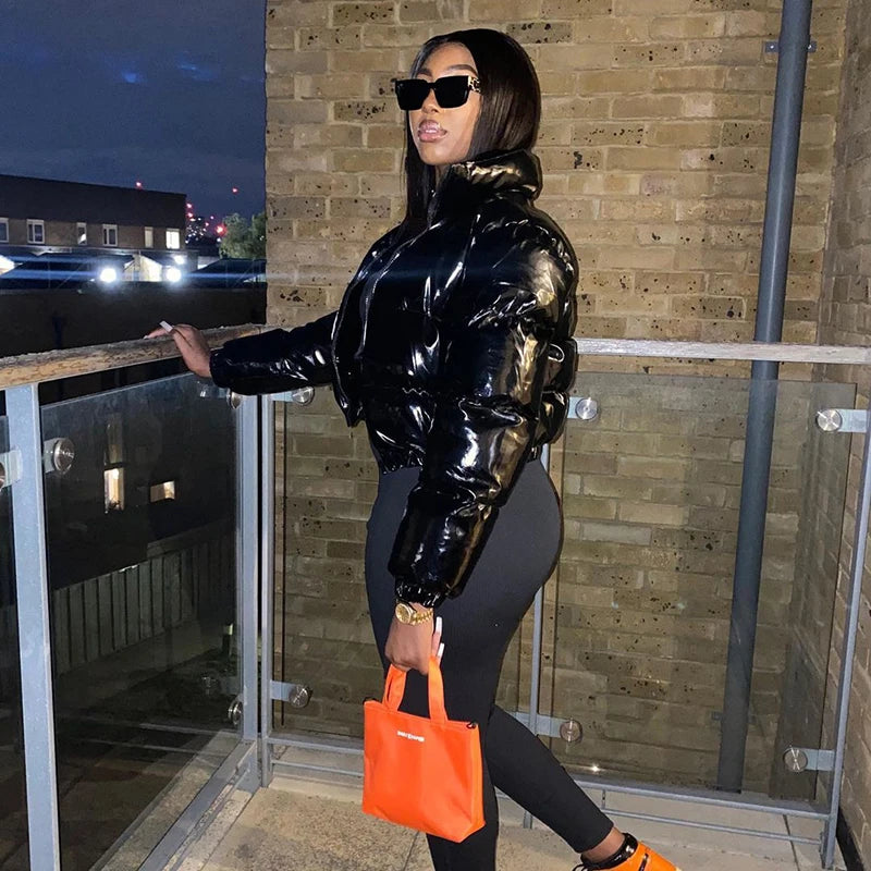 Stella | Women's Glossy Faux Leather Short Puffer Jacket
