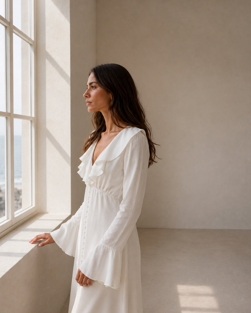 Pearl Button Ruffle Midi Dress