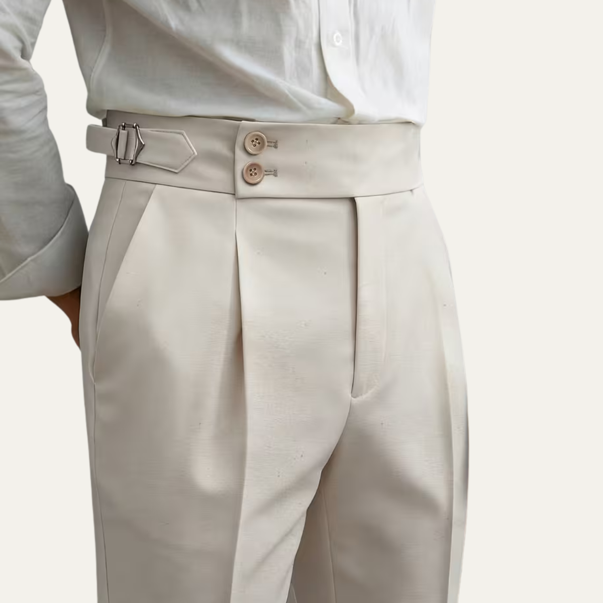 The Claremont Men’s High Waisted Linen Dress Trousers with Adjustable Side Buckle Waist