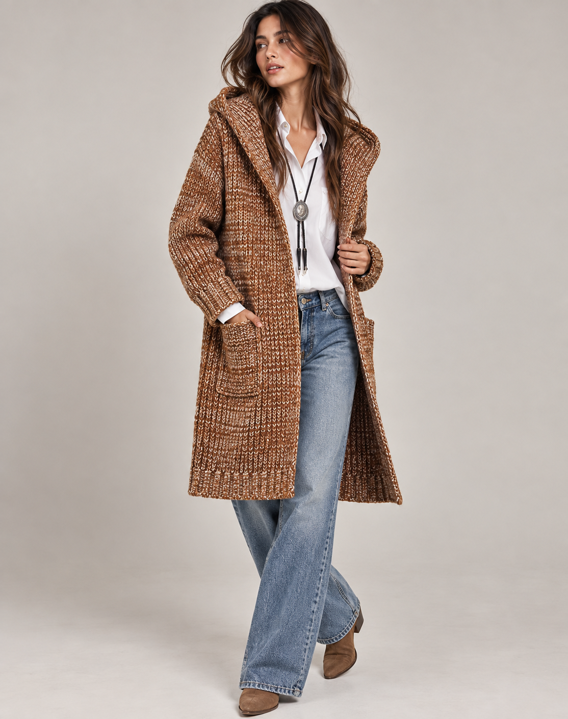 Men's Wool Knitted Gilet with Hood and Ribbed Cuffs