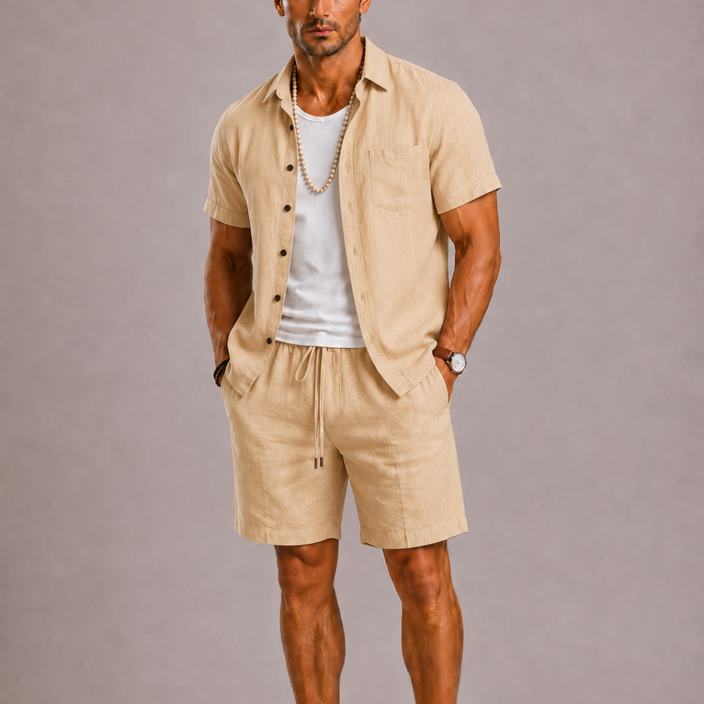 Men's Summer Set with Short Sleeves and Drawstring Shorts