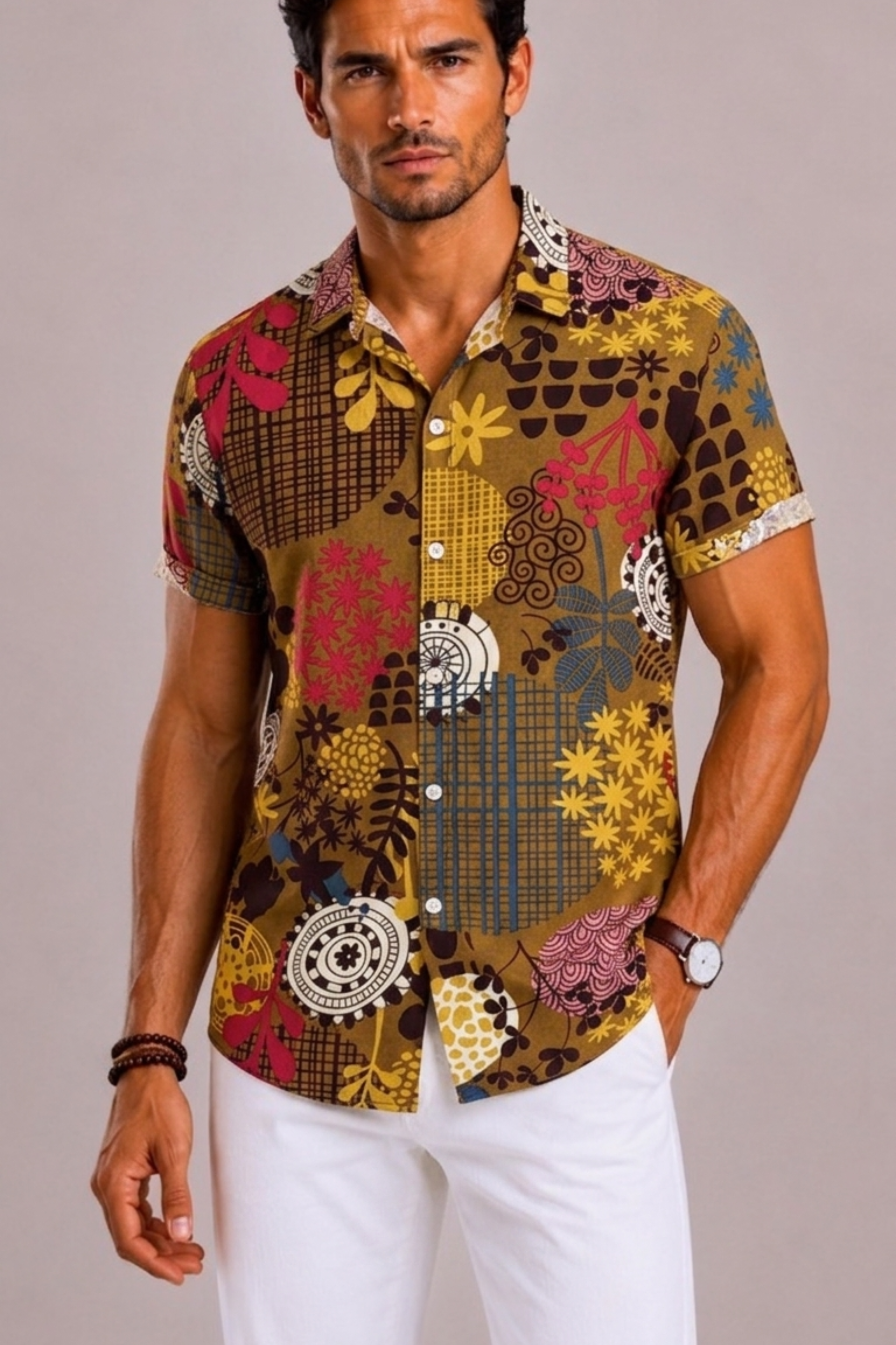Men's Shirt with Tropical Floral Print and Short Sleeves