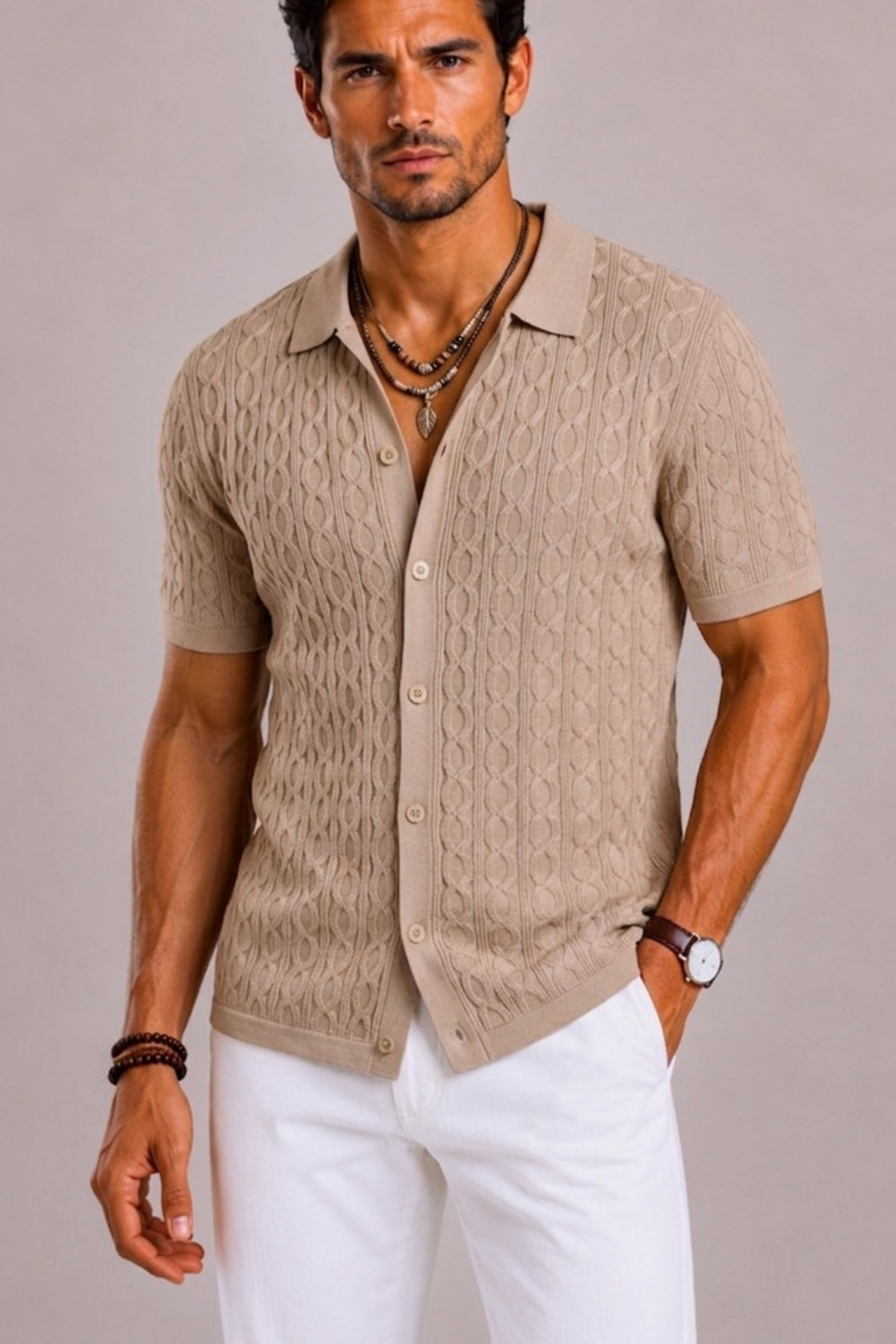 Men's Slim Fit Shirt with Textured Detail and Short Sleeves