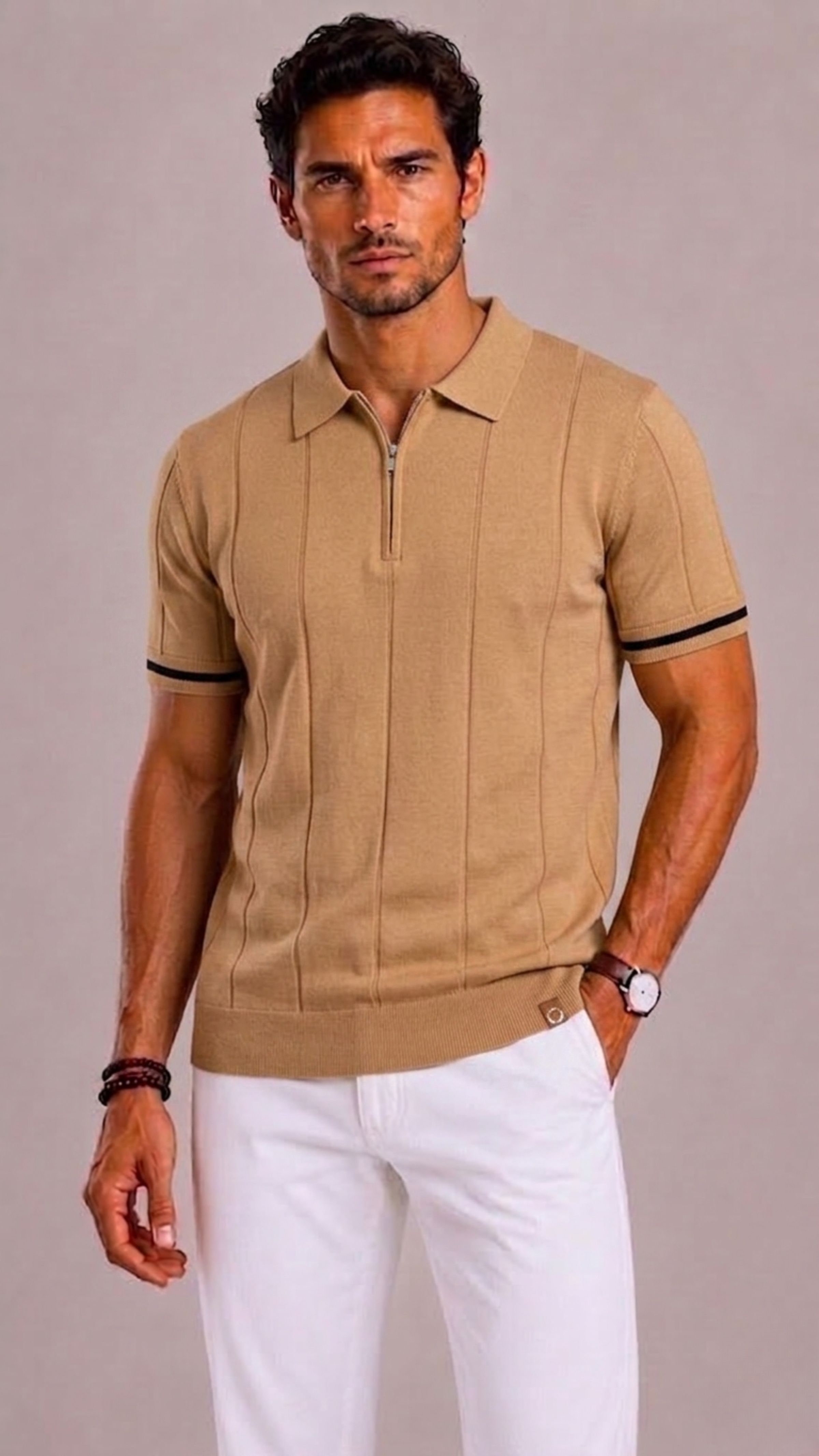 Men's Polo with Short Zip and Striped Cuffs