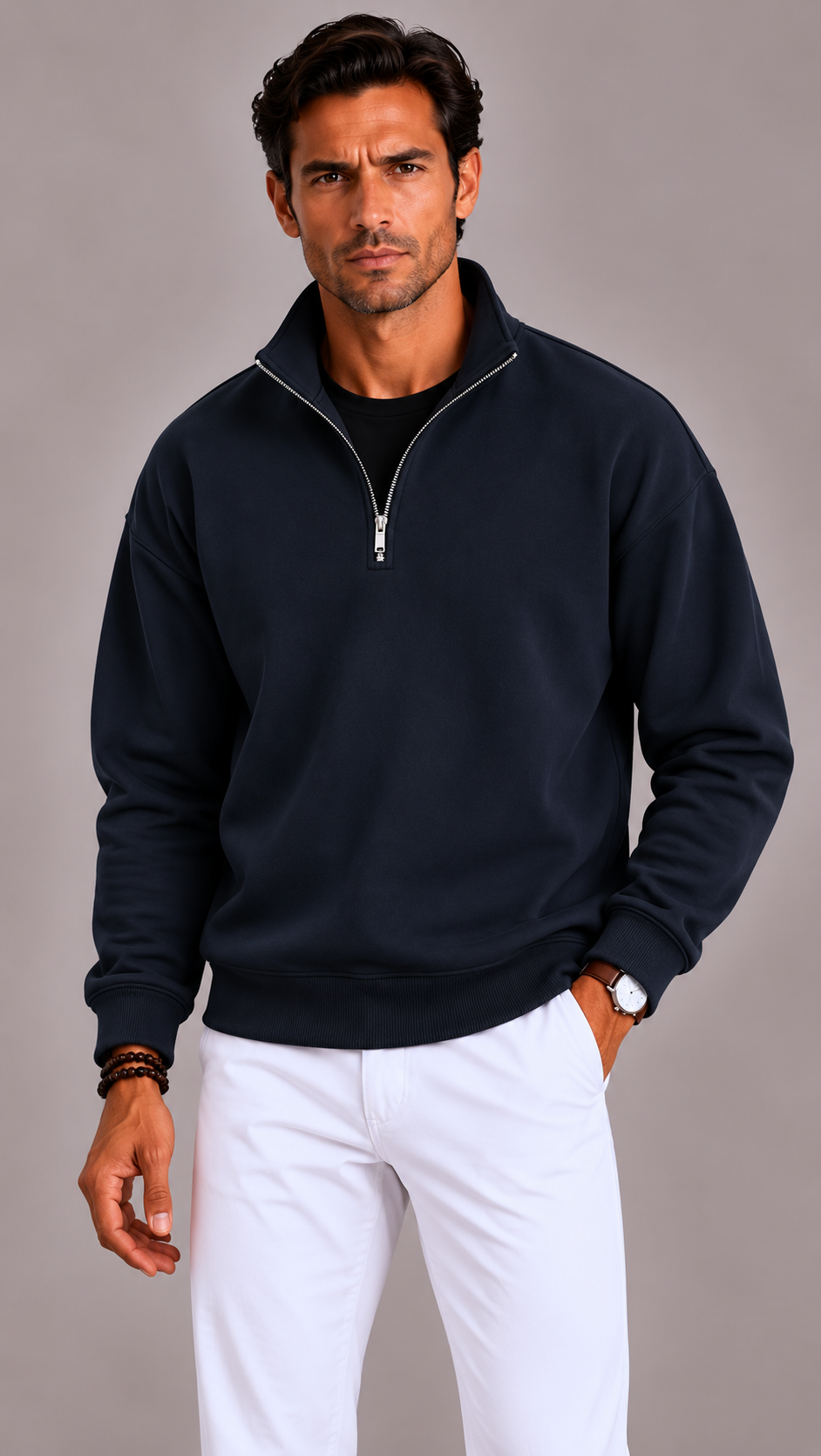 Men's Oversized Quarter Zip Sweater with Stand-Up Collar