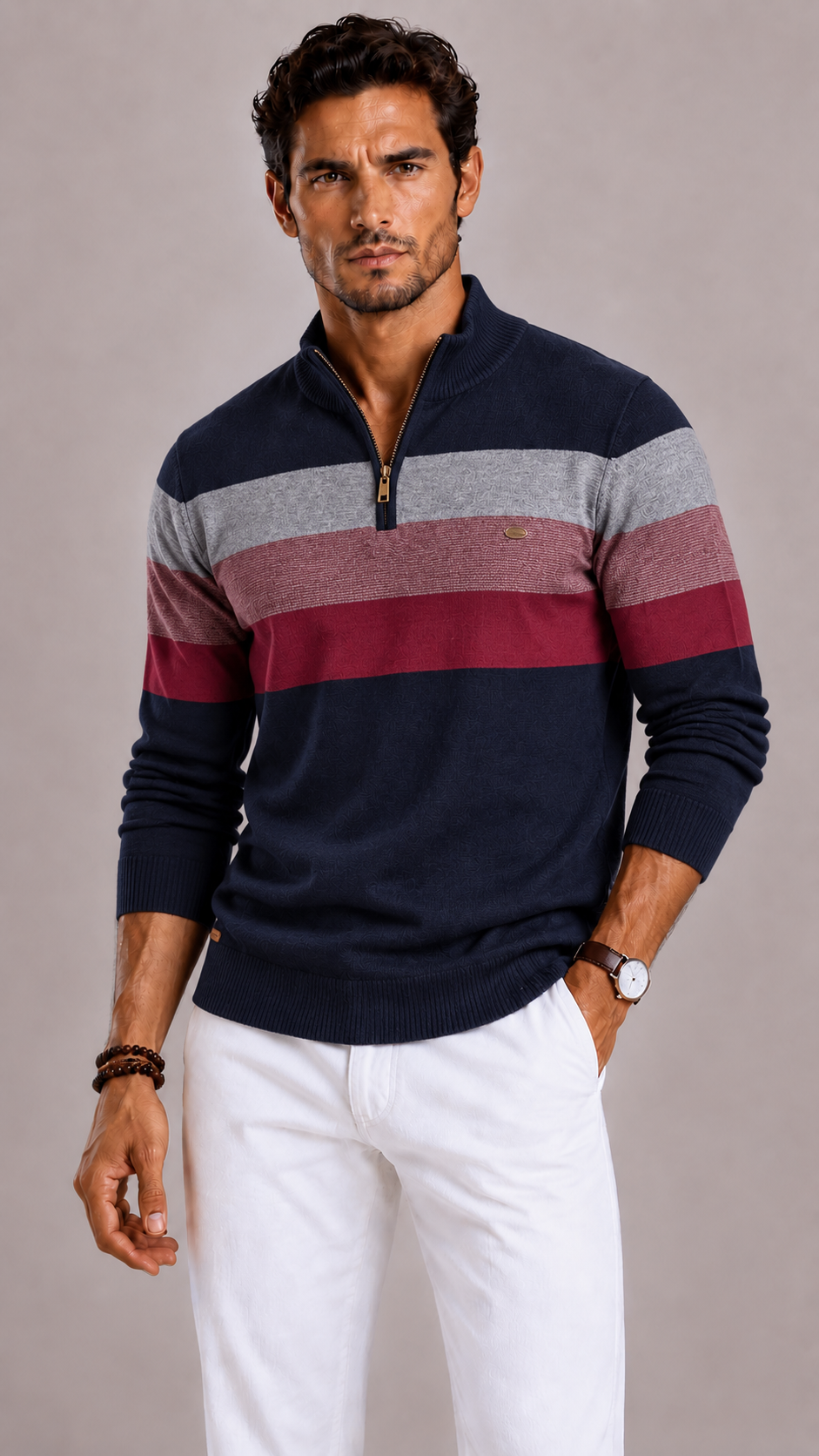 Men's Striped Jumper with Round Neck and Regular Fit