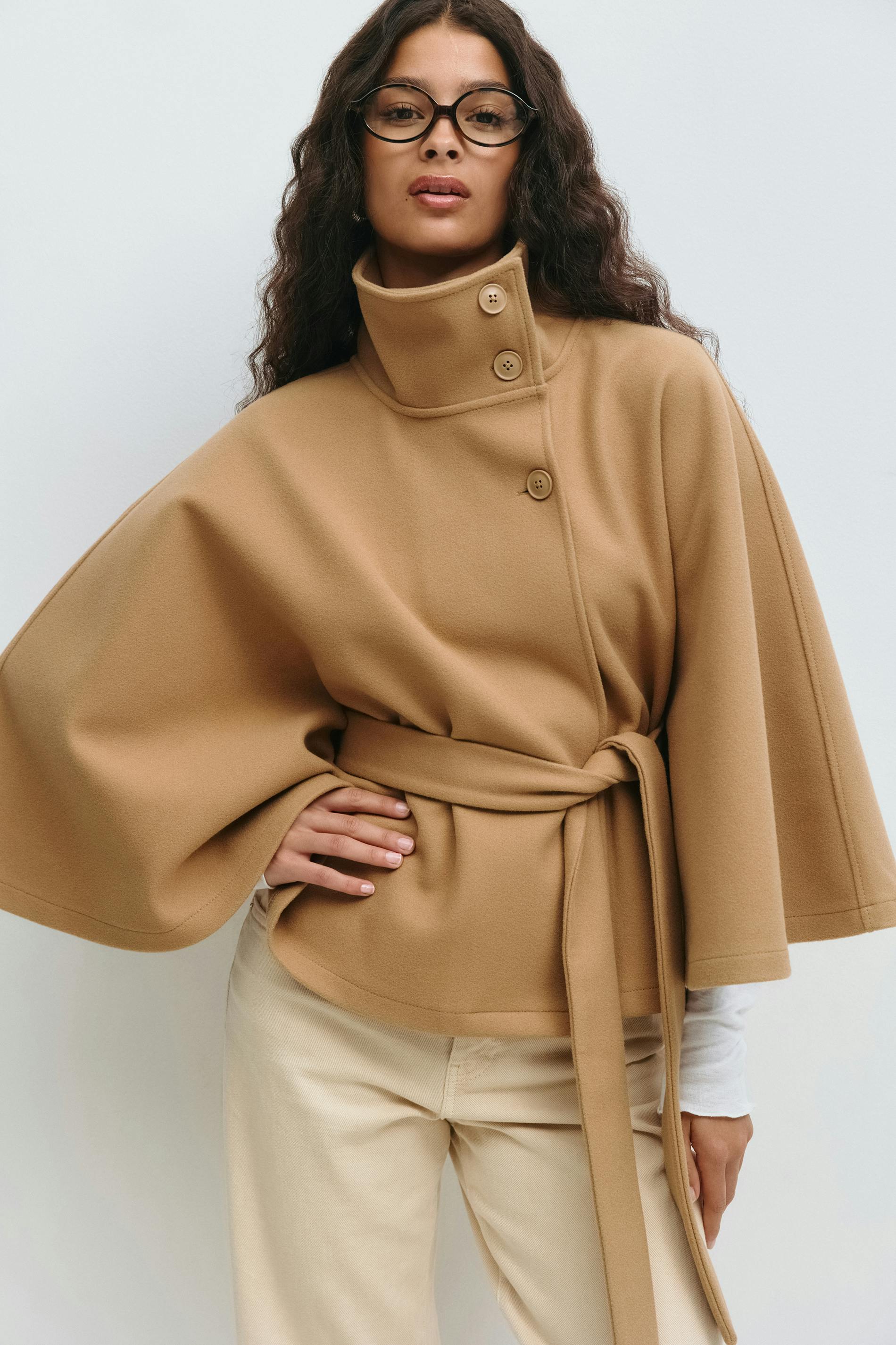 Cape Jas Dames Regular Fit Hoge Kraag Strik Ceintuur Winter